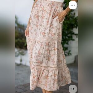 Calista Floral Embroidered Maxi Skirt S Small Tiered Boho Hippie Elastic Waist